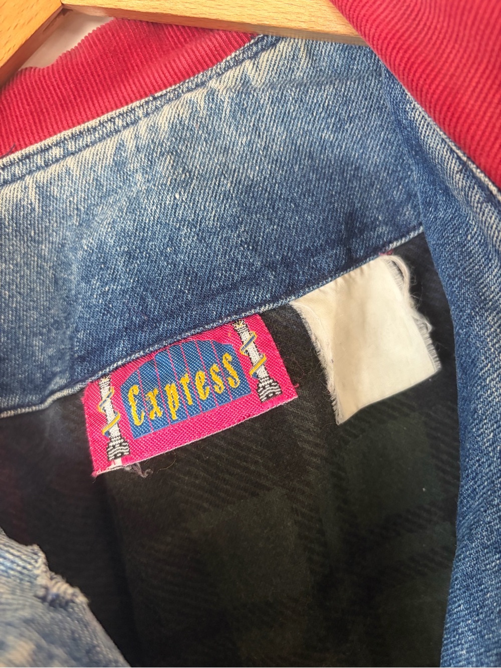 Vintage Denim Jean Chore Jacket Utility Coat Womens Large Blue Plaid fall grunge - Picture 11 of 16